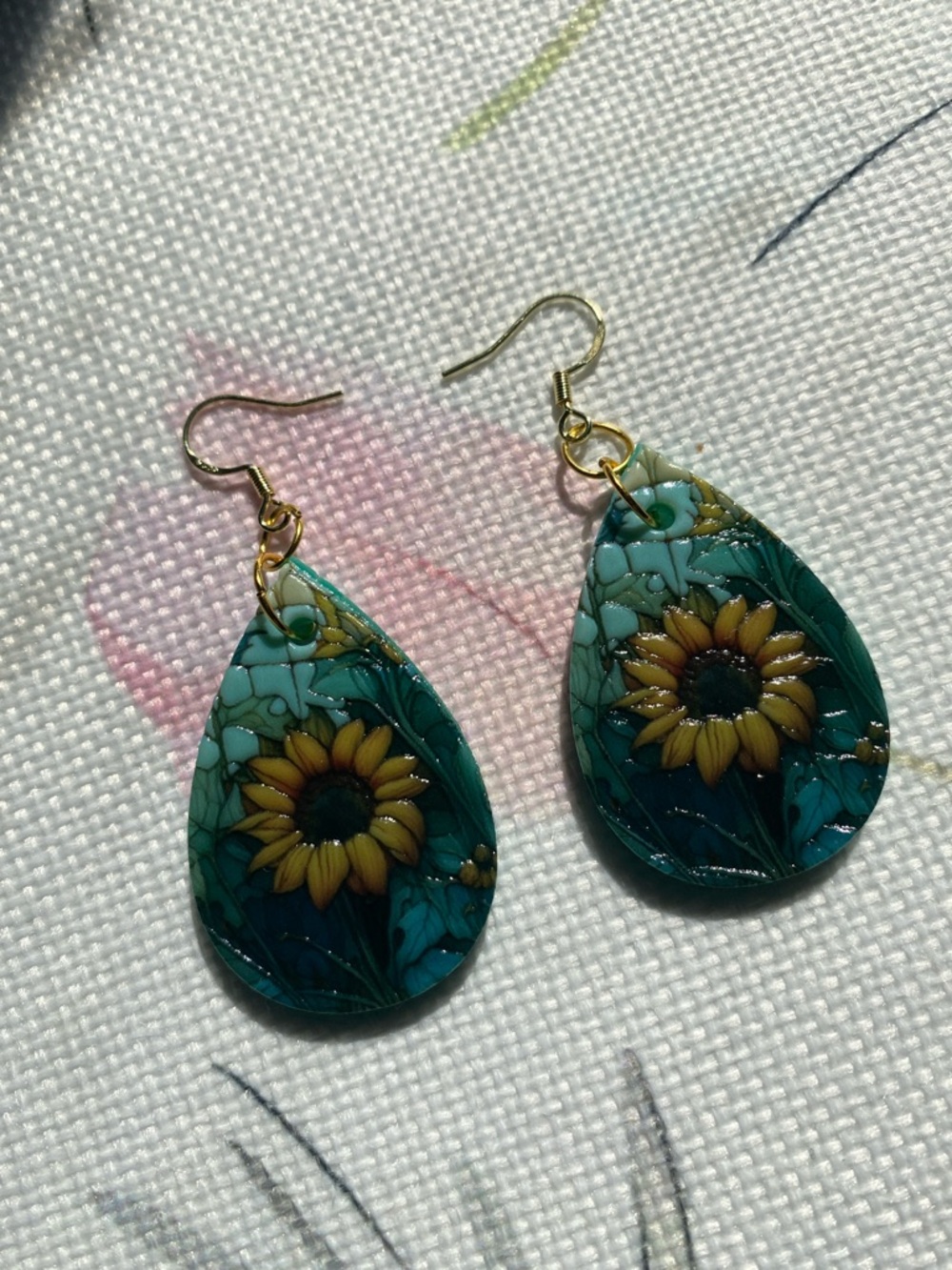 Sunflower Teardrop Dangle Earrings in Teal and Yellow - Women Jewelry